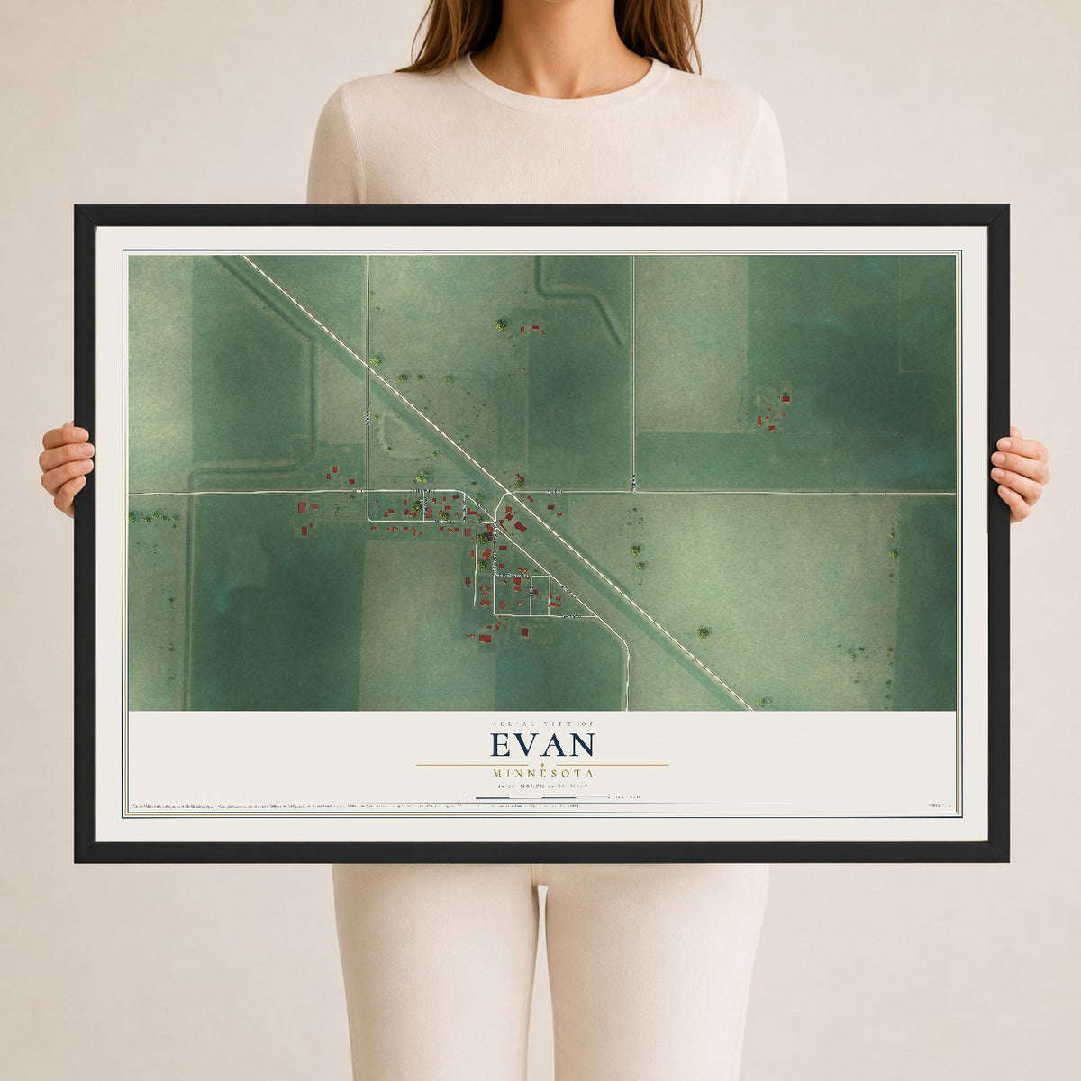 Map of Evan, Minnesota, 24 x 36 inch print in a black wood frame