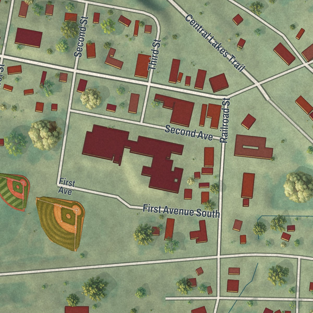 Second close-up of the map of Evansville, Minnesota print showing more streets and buildings