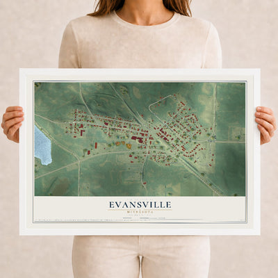 Map of Evansville, Minnesota, 12 x 18 inch print in a white wood frame