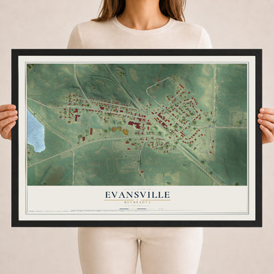 Map of Evansville, Minnesota, 18 x 24 inch print in a black wood frame