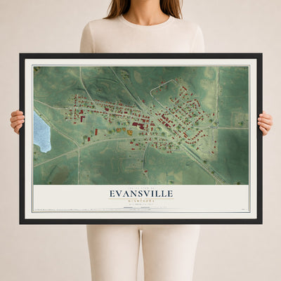 Map of Evansville, Minnesota, 24 x 36 inch print in a black wood frame
