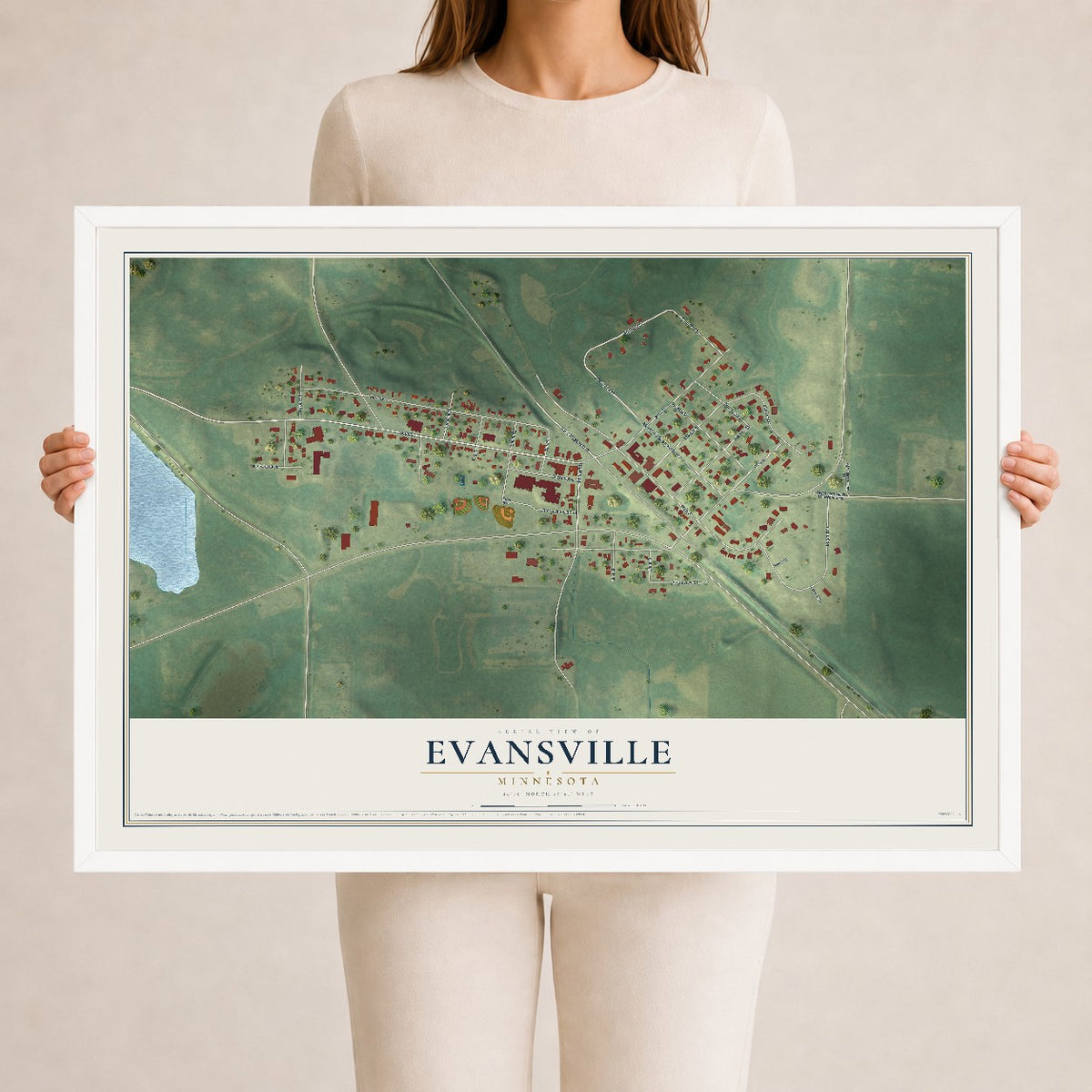 Map of Evansville, Minnesota, 24 x 36 inch print in a white wood frame