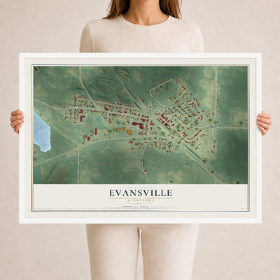 Map of Evansville, Minnesota, 24 x 36 inch print in a white wood frame