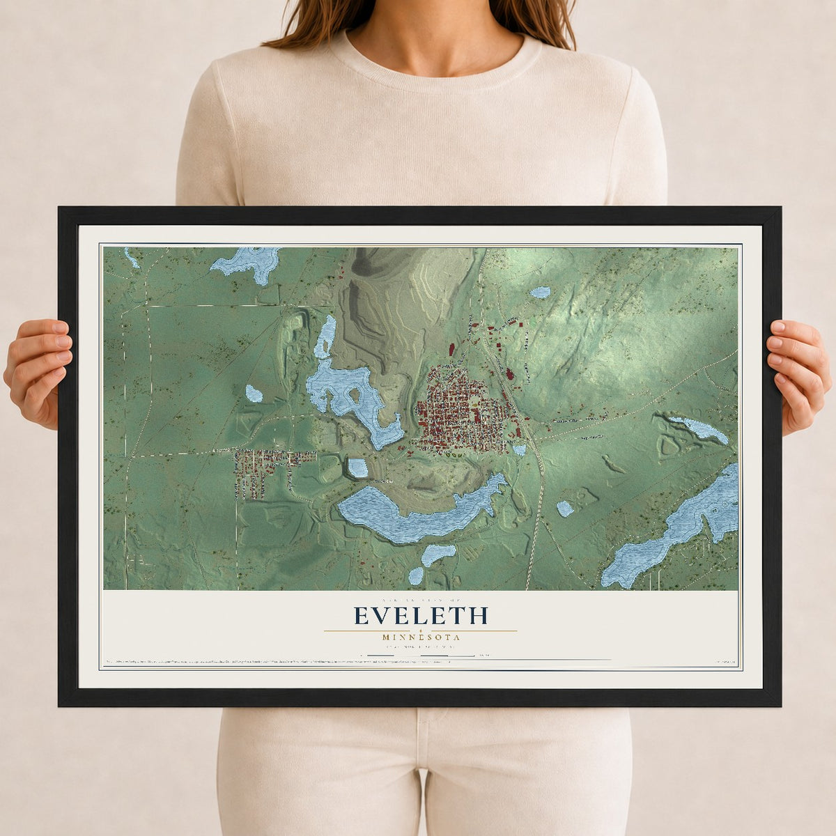 Map of Eveleth, Minnesota, 12 x 18 inch print in a black wood frame