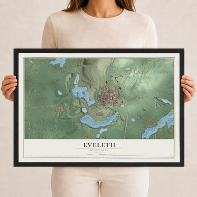 Map of Eveleth, Minnesota, 12 x 18 inch print in a black wood frame