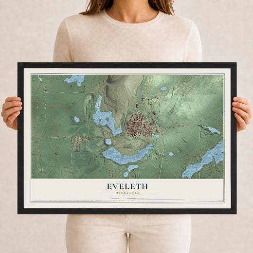 Map of Eveleth, Minnesota, 12 x 18 inch print in a black wood frame