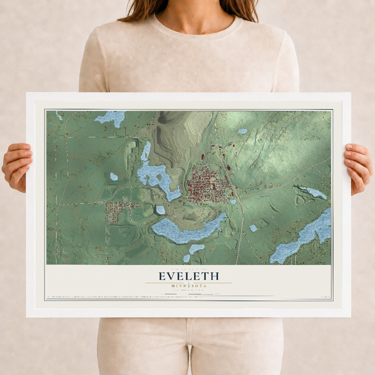 Map of Eveleth, Minnesota, 12 x 18 inch print in a white wood frame