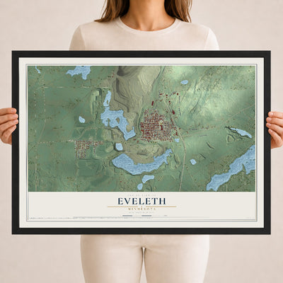 Map of Eveleth, Minnesota, 18 x 24 inch print in a black wood frame