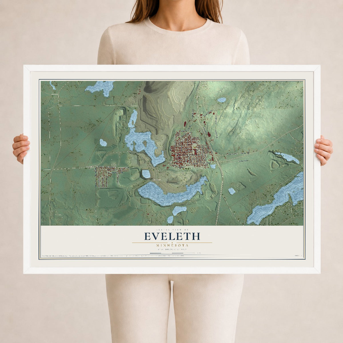Map of Eveleth, Minnesota, 24 x 36 inch print in a white wood frame