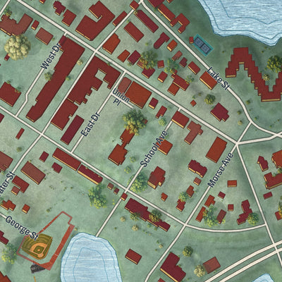 Close-up of the map of Excelsior, Minnesota print showing street and building detail