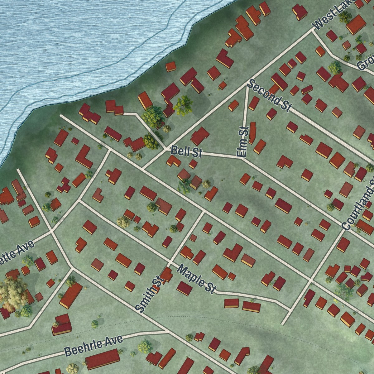Second close-up of the map of Excelsior, Minnesota print showing more streets and buildings