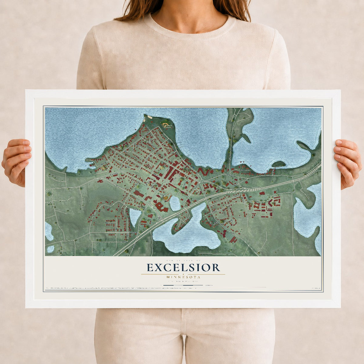 Map of Excelsior, Minnesota, 12 x 18 inch print in a white wood frame