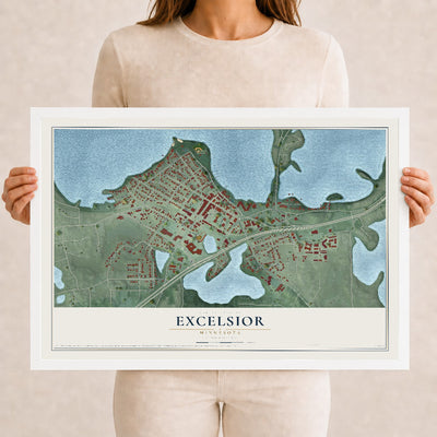 Map of Excelsior, Minnesota, 12 x 18 inch print in a white wood frame