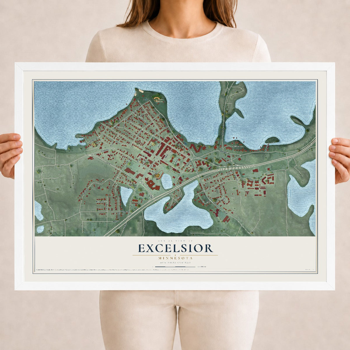 Map of Excelsior, Minnesota, 18 x 24 inch print in a white wood frame