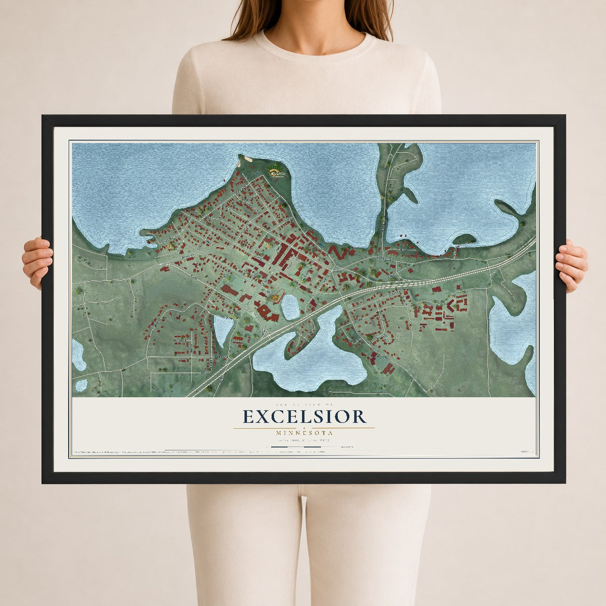 Map of Excelsior, Minnesota, 24 x 36 inch print in a black wood frame