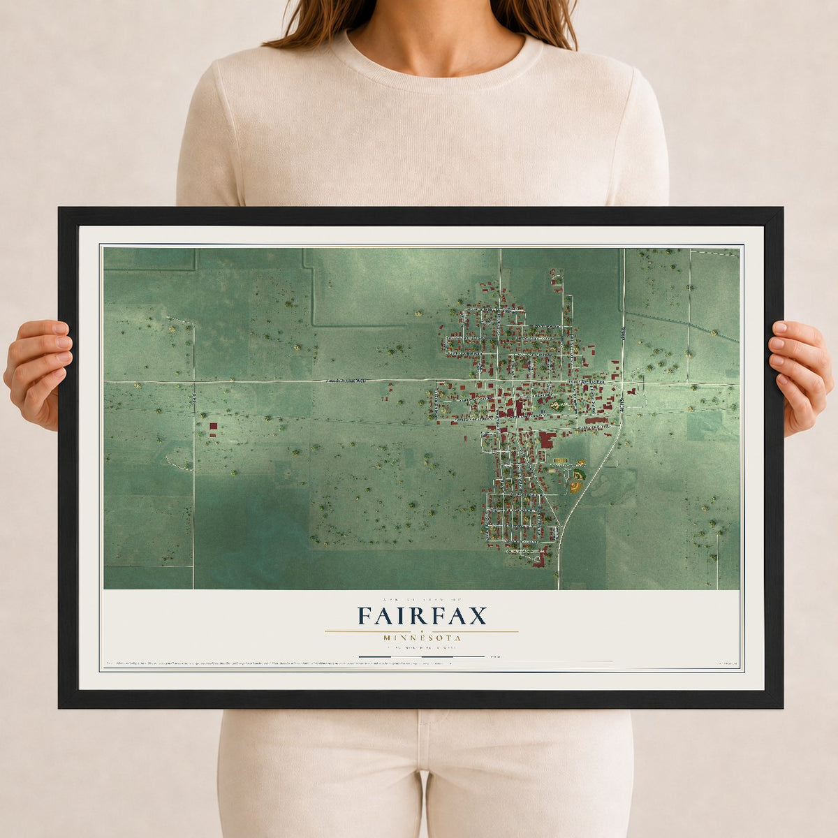 Map of Fairfax, Minnesota, 12 x 18 inch print in a black wood frame
