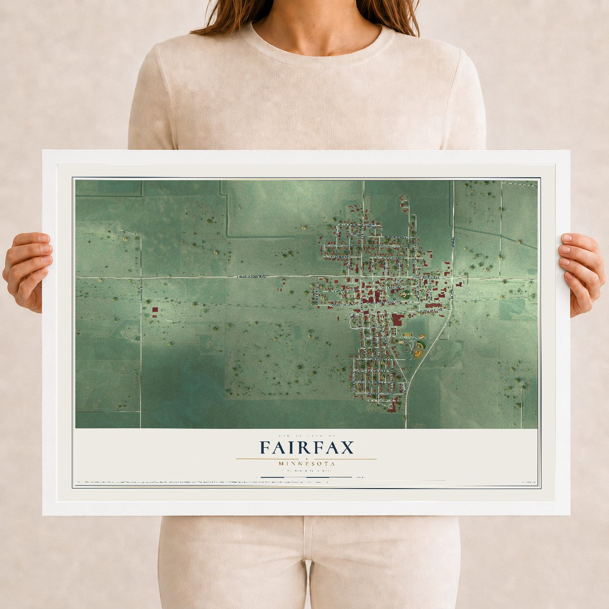 Map of Fairfax, Minnesota, 12 x 18 inch print in a white wood frame