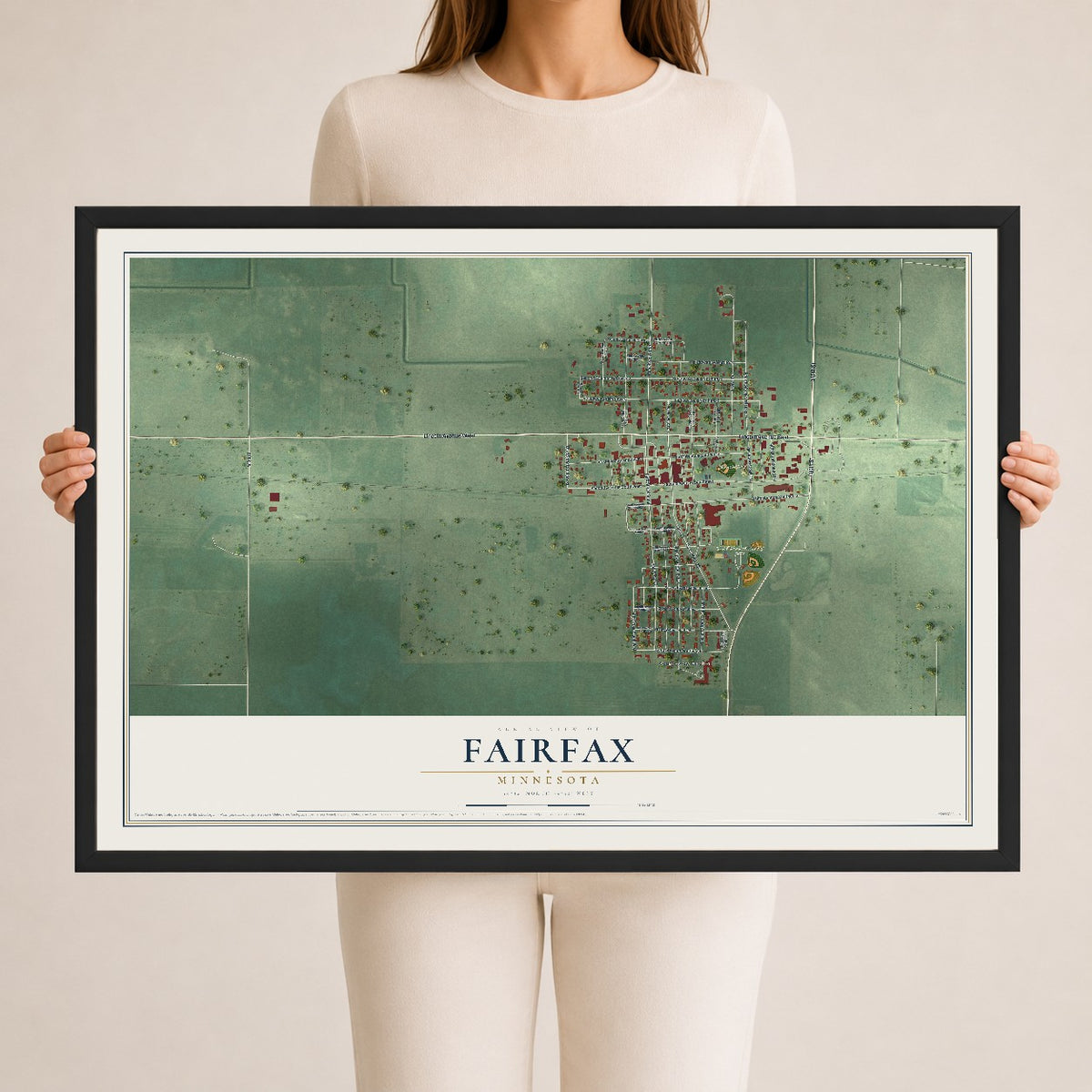 Map of Fairfax, Minnesota, 24 x 36 inch print in a black wood frame