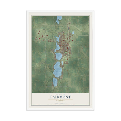 Map of Fairmont, Minnesota, 12 x 18 inch print in a white wood frame