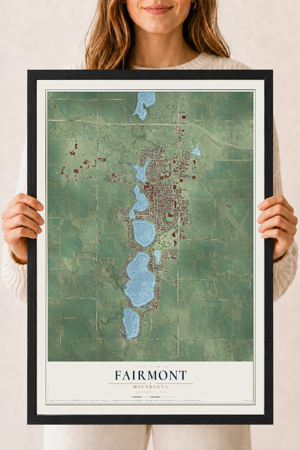 Map of Fairmont, Minnesota, 18 x 24 inch print in a black wood frame