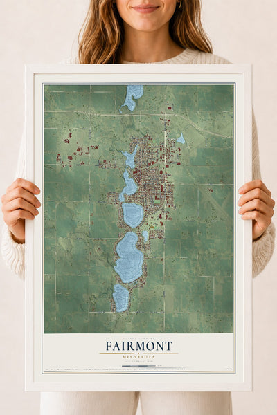 Map of Fairmont, Minnesota, 18 x 24 inch print in a white wood frame