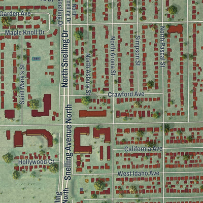 Close-up of the map of Falcon Heights, Minnesota print showing street and building detail