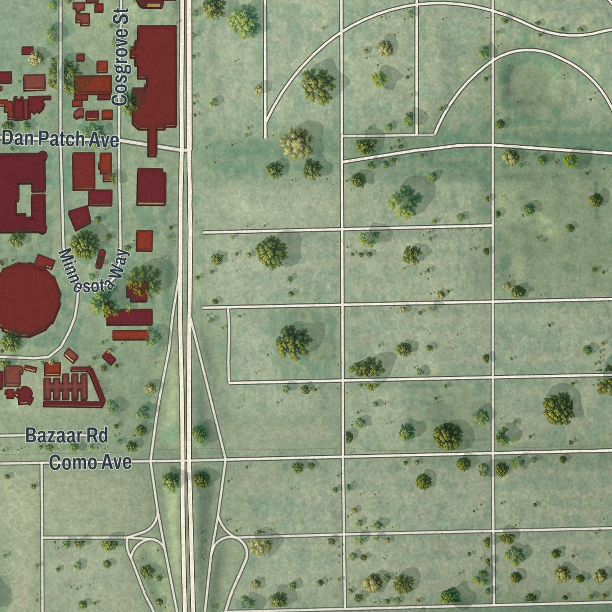 Second close-up of the map of Falcon Heights, Minnesota print showing more streets and buildings