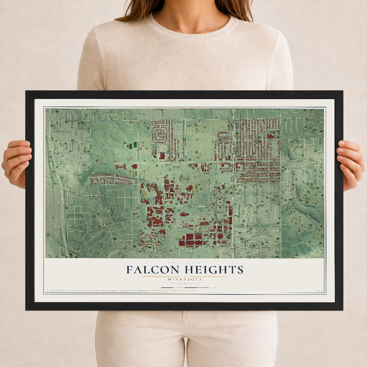 Map of Falcon Heights, Minnesota, 12 x 18 inch print in a black wood frame