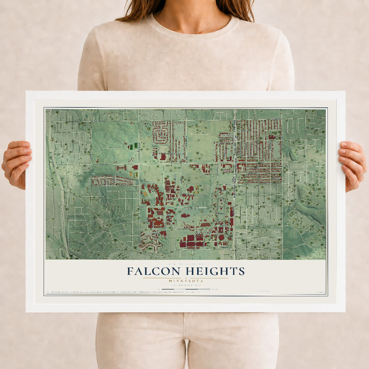 Map of Falcon Heights, Minnesota, 12 x 18 inch print in a white wood frame