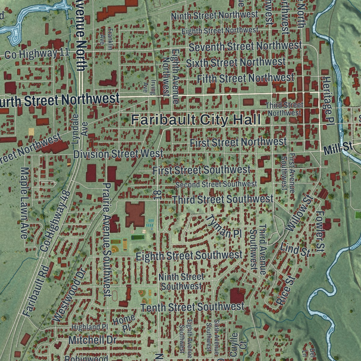 Close-up of the map of Faribault, Minnesota print showing street and building detail