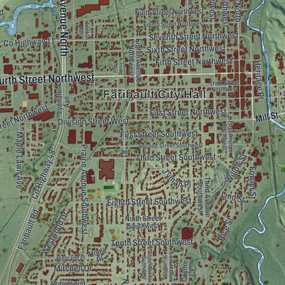 Close-up of the map of Faribault, Minnesota print showing street and building detail
