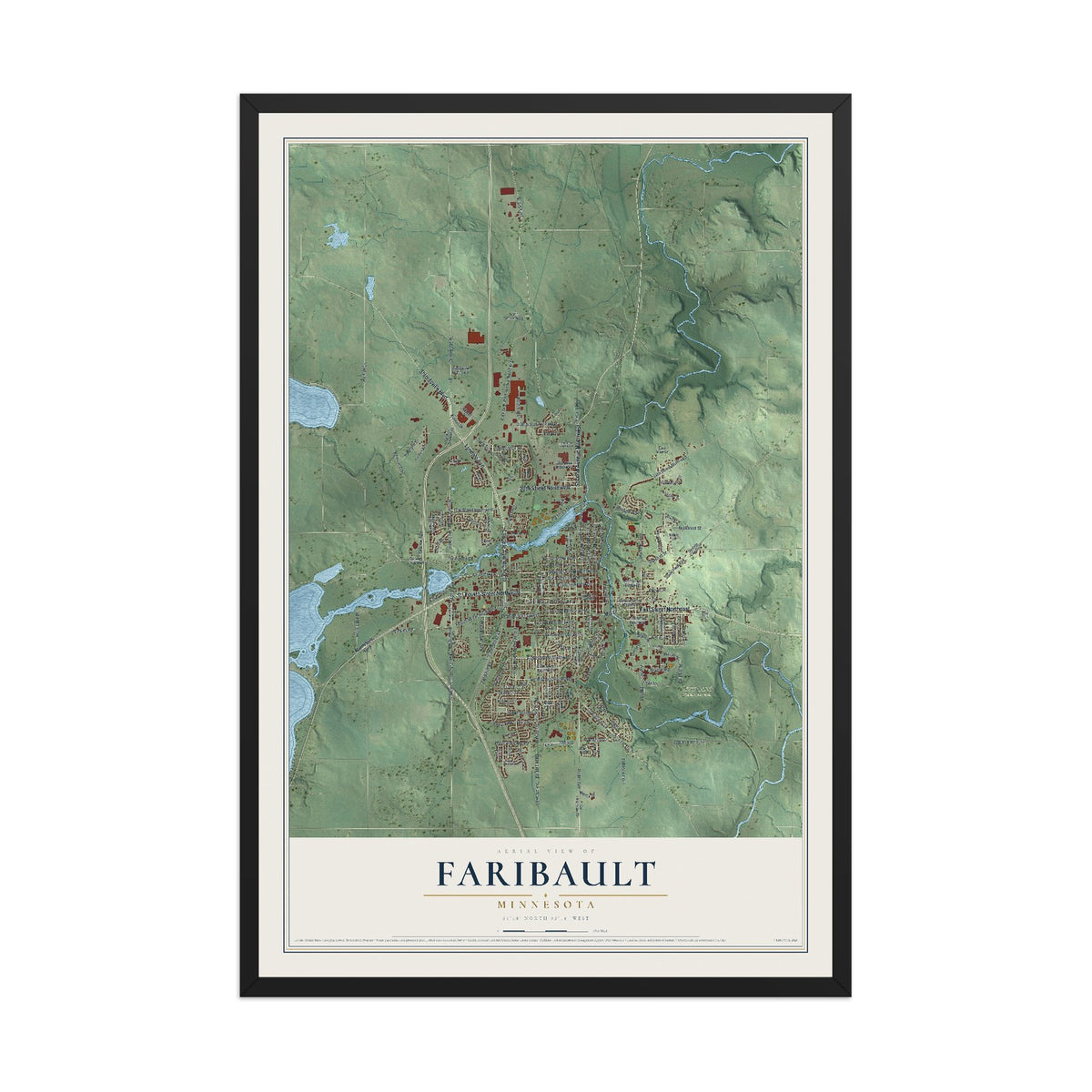 Map of Faribault, Minnesota, 12 x 18 inch print in a black wood frame