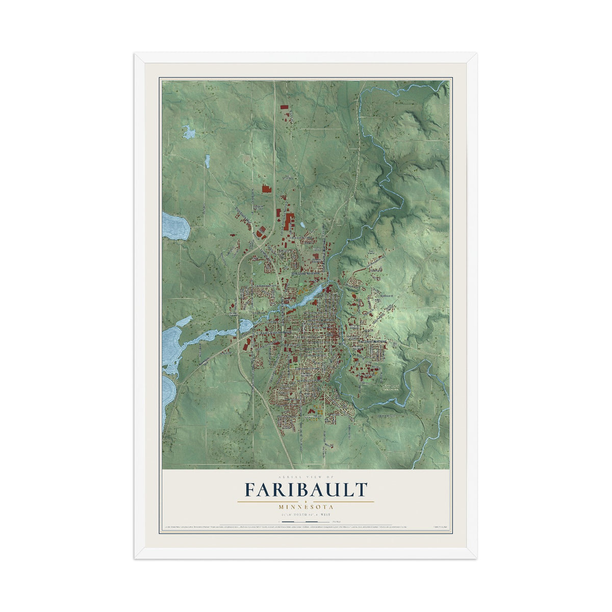 Map of Faribault, Minnesota, 12 x 18 inch print in a white wood frame
