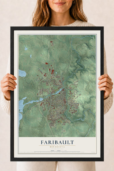 Map of Faribault, Minnesota, 18 x 24 inch print in a black wood frame