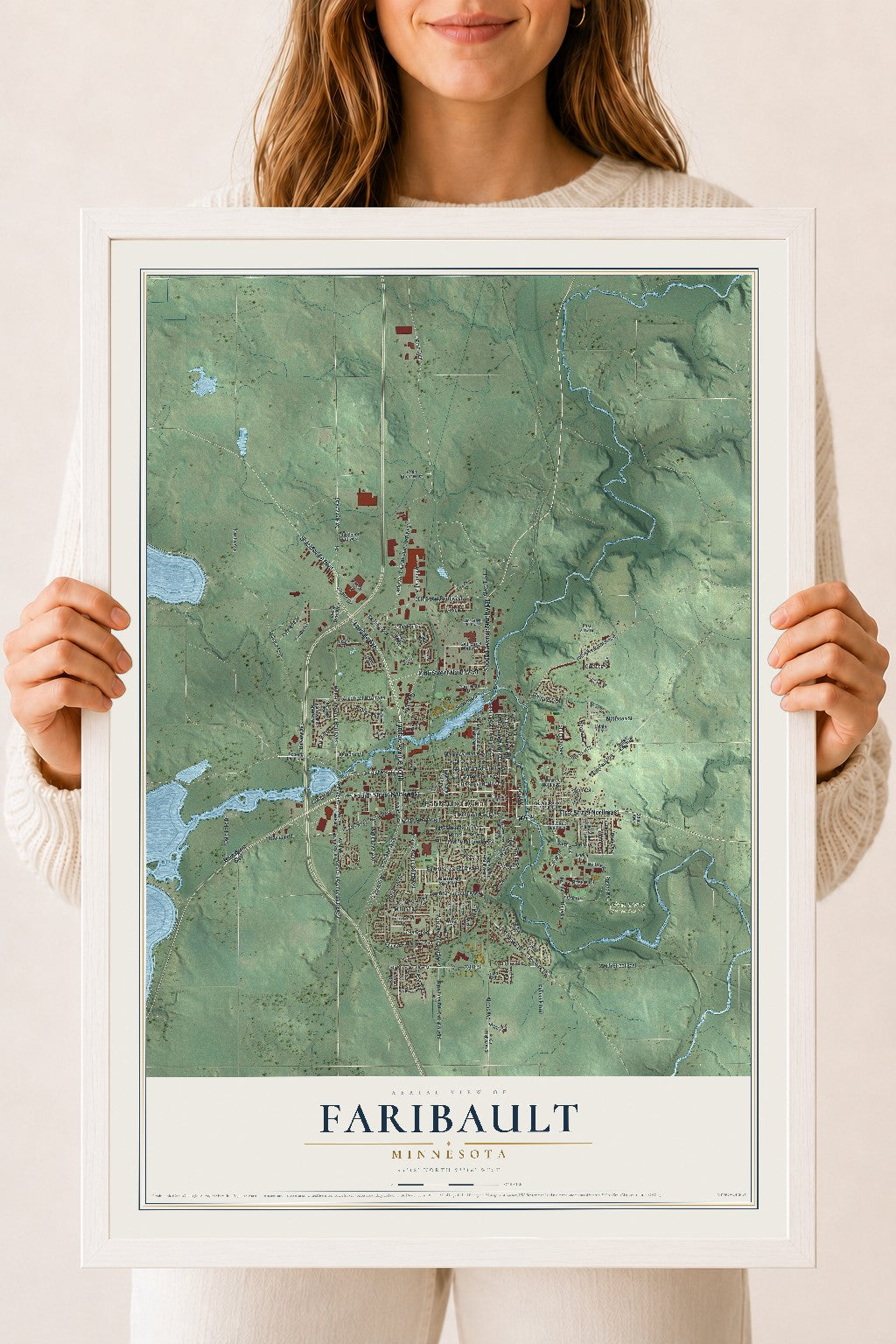 Map of Faribault, Minnesota, 18 x 24 inch print in a white wood frame