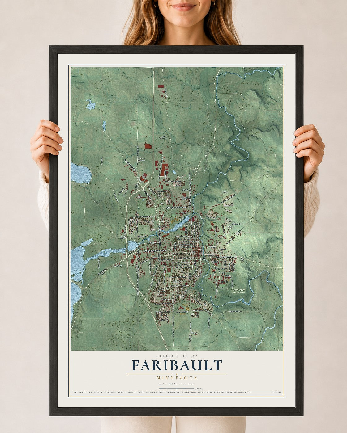 Map of Faribault, Minnesota, 24 x 36 inch print in a black wood frame