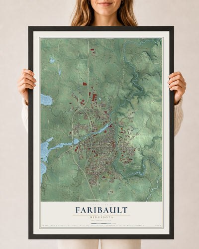 Map of Faribault, Minnesota, 24 x 36 inch print in a black wood frame