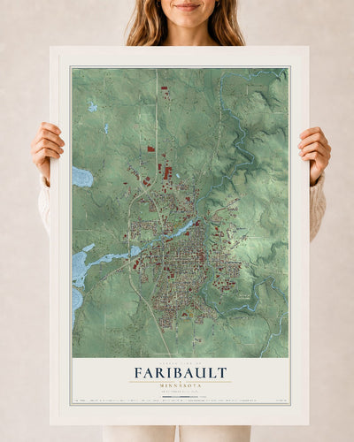 Map of Faribault, Minnesota, 24 x 36 inch print in a white wood frame