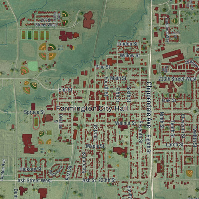 Close-up of the map of Farmington, Minnesota print showing street and building detail
