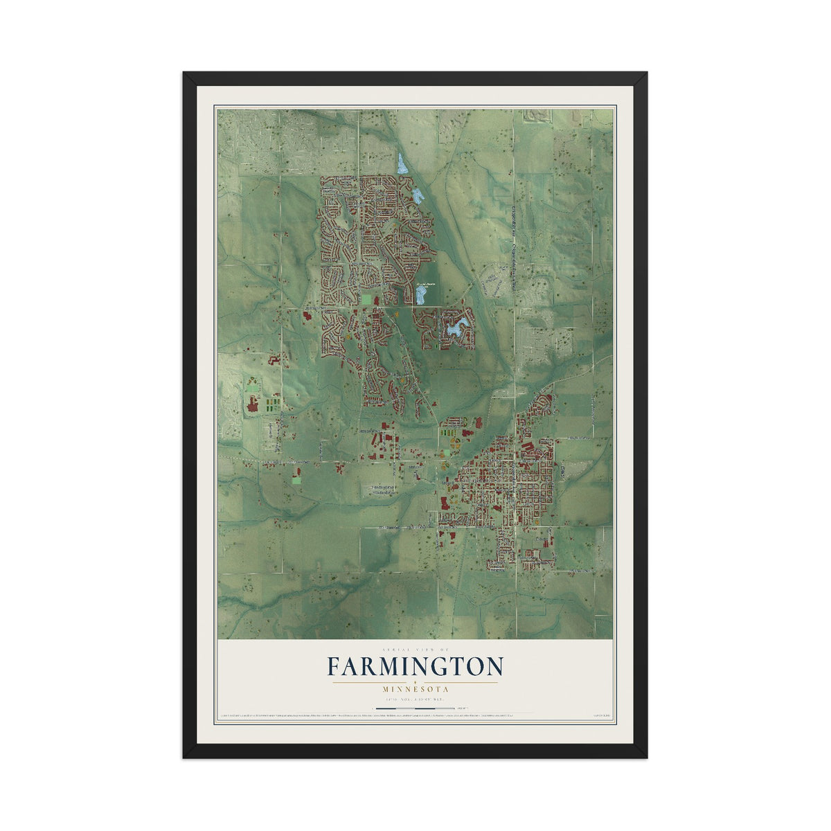 Map of Farmington, Minnesota, 12 x 18 inch print in a black wood frame
