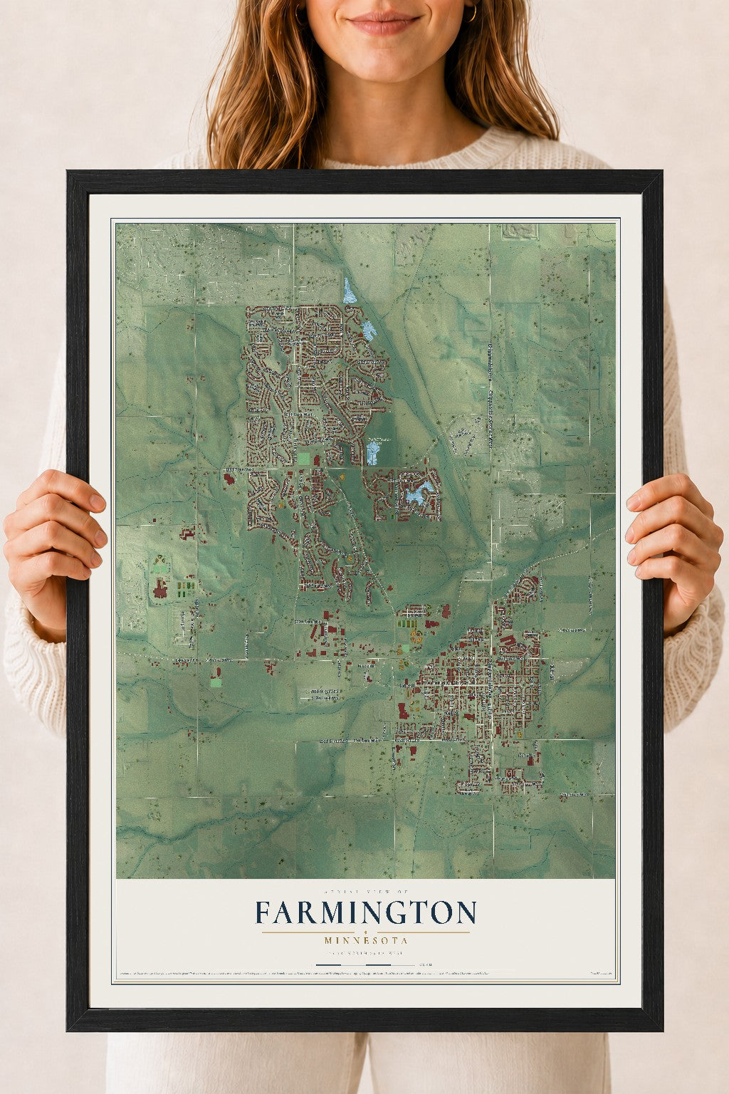 Map of Farmington, Minnesota, 18 x 24 inch print in a black wood frame