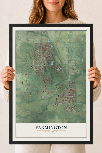 Map of Farmington, Minnesota, 18 x 24 inch print in a black wood frame