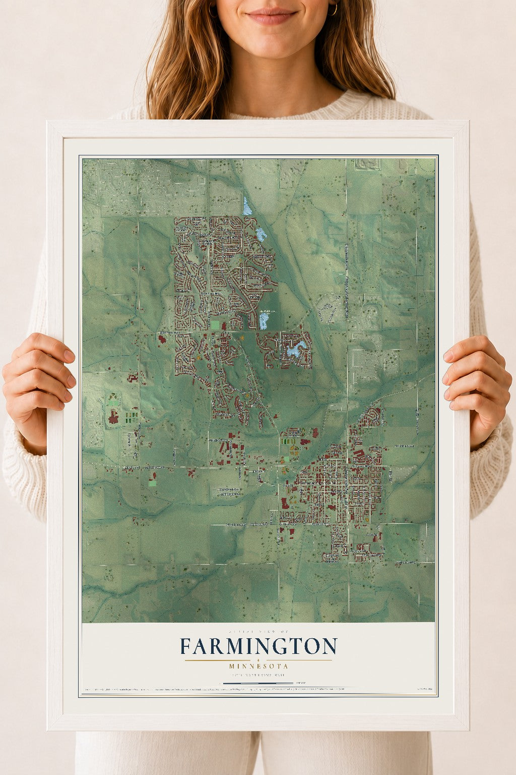 Map of Farmington, Minnesota, 18 x 24 inch print in a white wood frame