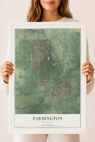 Map of Farmington, Minnesota, 18 x 24 inch print in a white wood frame