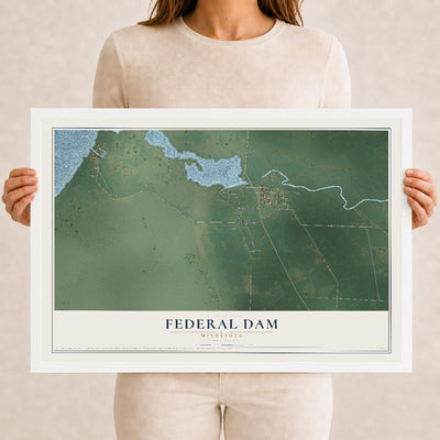 Map of Federal Dam, Minnesota, 12 x 18 inch print in a white wood frame