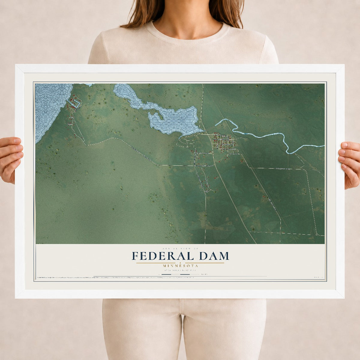 Map of Federal Dam, Minnesota, 18 x 24 inch print in a white wood frame