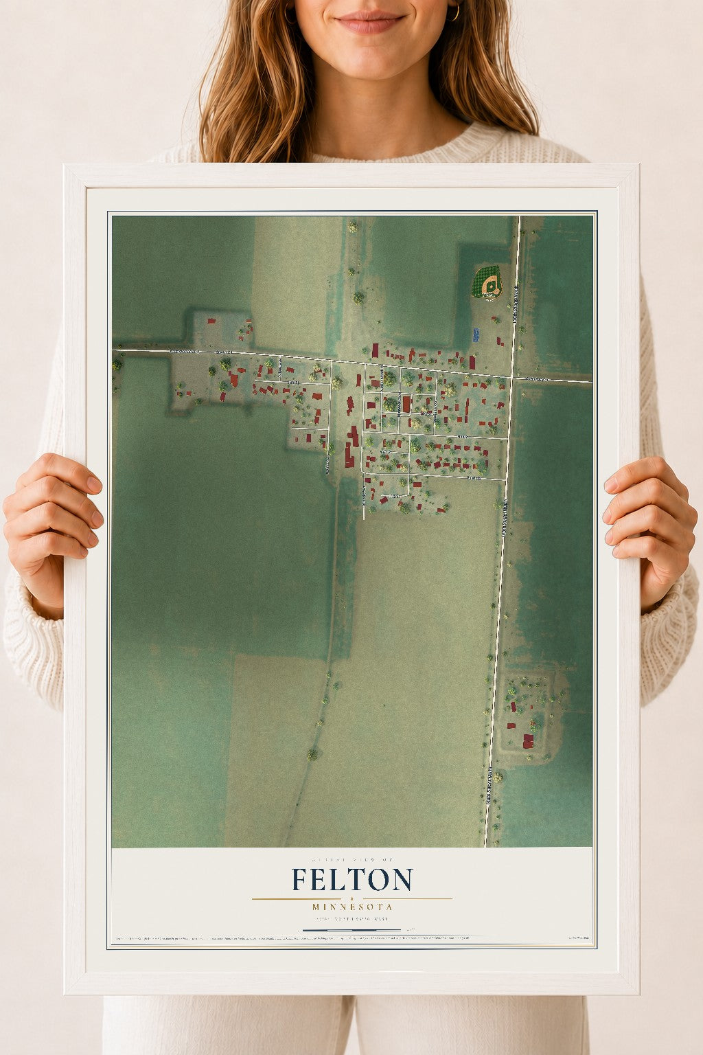 Map of Felton, Minnesota, 18 x 24 inch print in a white wood frame