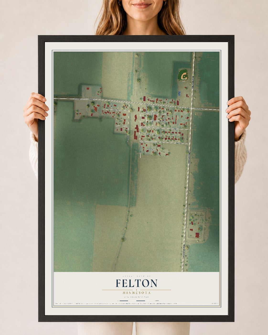 Map of Felton, Minnesota, 24 x 36 inch print in a black wood frame