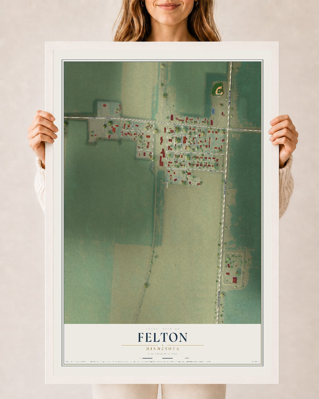 Map of Felton, Minnesota, 24 x 36 inch print in a white wood frame