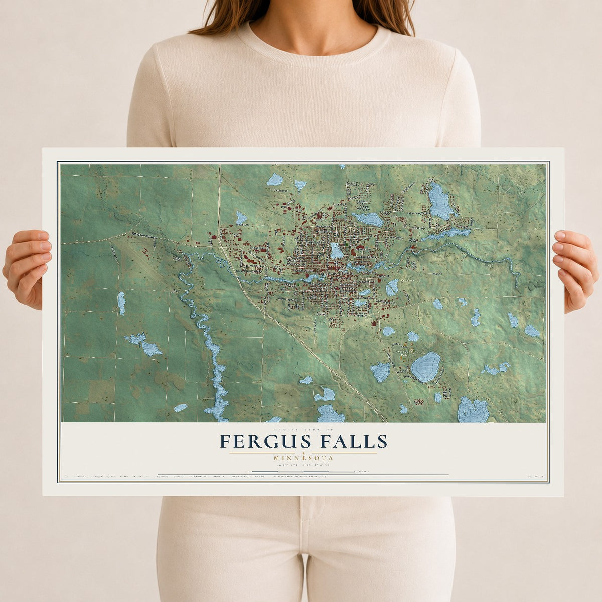 Map of Fergus Falls, Minnesota, 12 x 18 inch unframed archival matte print